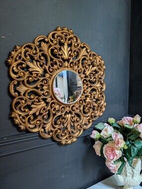Vintage Gold Burwood Ornate Hollywood Regency Wall Statement Mirror 27"